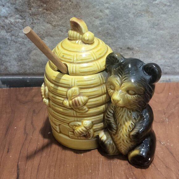 Vintage Beehive Bear Honey Pot With Lid Honey Wood Dipper Jar Server - Picture 7 of 13
